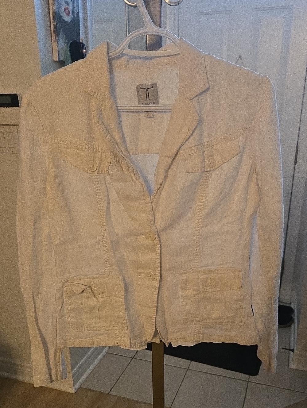 Tristan white linen jacket, w/ buttons, pockets, back detail, in fair condition